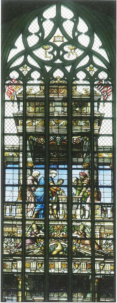 Michiel Coxcie (ontwerp), glasraam van Lodewijk II, koning van Hongarije en Maria van Hongarije, 154 7, glas in lood,