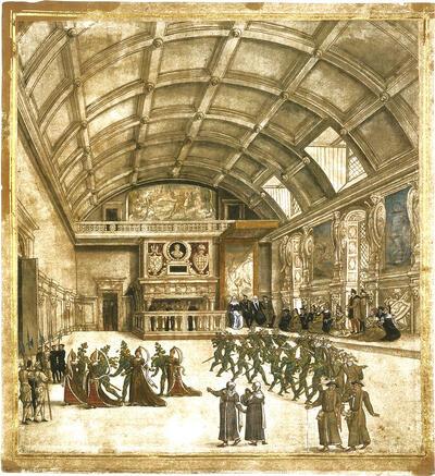 Onbekend, De troonzaal van het Kasteel van Binche tijdens de feestelijkheden van 1549, papier,