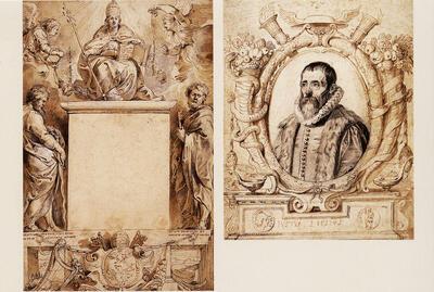  Titelblad voor het Breviarium Romanum, 1614, Portret van Justus Lipsius, ca. 1615, pen in zwarte en bruine inkt, over zwart krijt, sporen van doordrukken,