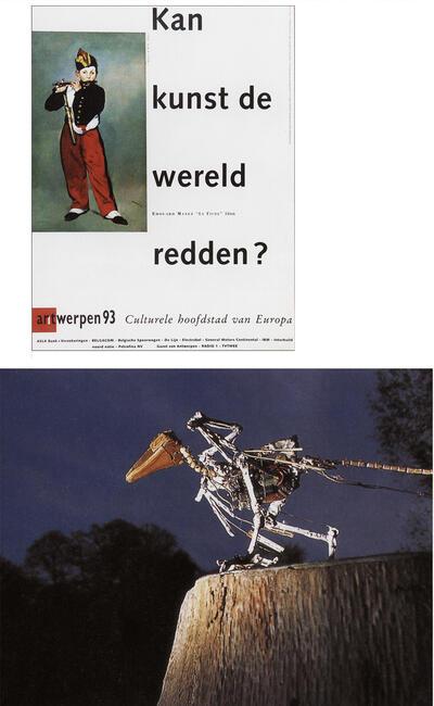 Affiche Antwerpen 93 Culturele Hoofdstad van Europa, Panamarenko, Archaeopterix Lithografica, 1993 Mixed media: 30 x 30 x 30 boomstom: 300 x 40 Collectie Middelheimmuseum