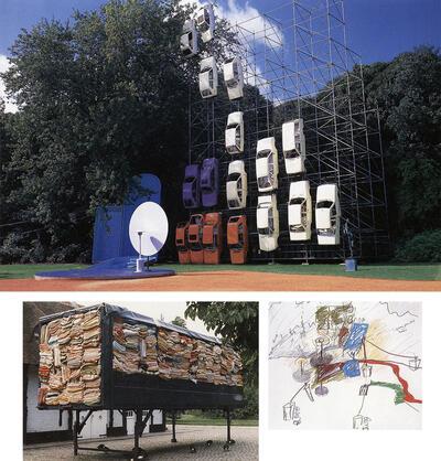 Jessica Stockholder, Landscape Linoleum, 1998. Mixed media. Berlinde De Bruyckere, Kooi, 1995, Mixed media. Tentoonstelling in 1995 ®Middelheim, Jessica Stockholder, ontwerpschets Landscape Linoleum,