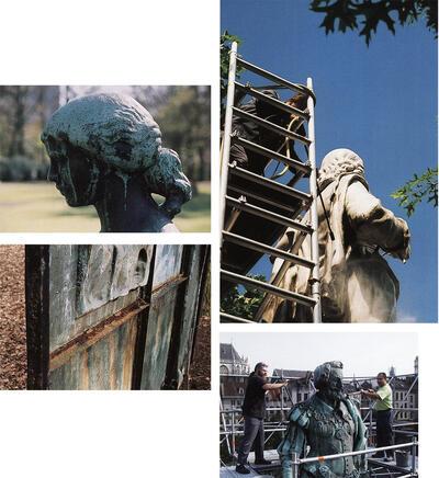 Zwarte korsten op bronzen beeld 'Niobe' van Georges Grard, Roestvorming op brons door ijzeren structuur, Poetsploeg werkend aan de standbeelden van J . Pécher ' Jacob Jordaens' en W. Geefs 'Peter Paul Rubens'