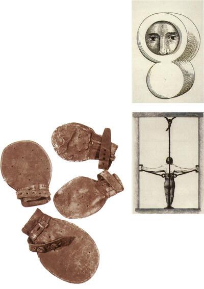 Lederen dwangmoffen, IJzeren masker. Dwangmiddel. Collectie Museum Dr. Guislain