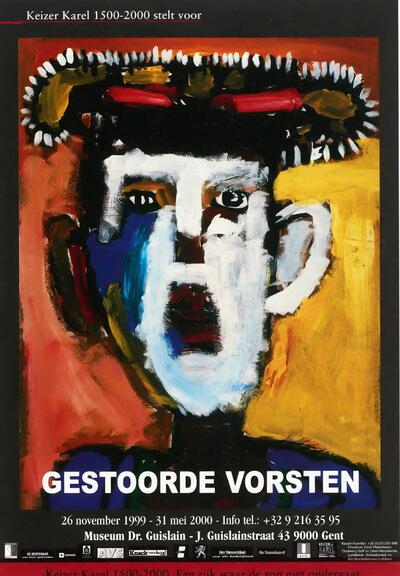 Affiche Gestoorde Vorsten. Schilderij Joris Coudeville, Zelfportret als prins carnaval, 1999 (Affiche Museum Dr. Guislain)