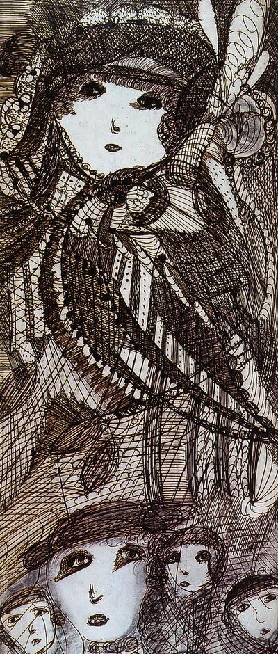Madge Gill, zonder titel. Chinese inkt op papier, s.d. (Collectie Stichting De Stadshof bruikleen aan Museum Dr. Guislain)