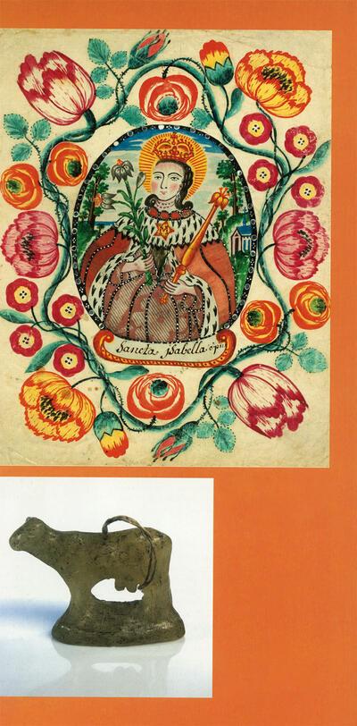 Huis van Alijn, Voorbeeld van religieuze volksdevotie en volkskunst, prent Sint-Isabella, Wassen ex-voto,
