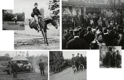 Huis van Alijn, Gentse foor, krachtpatser Raymond de la Ruelle, rond 1900 - Paardensport, eerste helft twintigste eeuw - Gentse foor, barak van goochelaar Louis Van Caeneghem, eerste helft twintigste eeuw - Gentse foor, fotobarak, eerste helft twintigste eeuw - Velodrome Gantois aan de Godshuizenlaan, rond 1900 - Automobielsport,