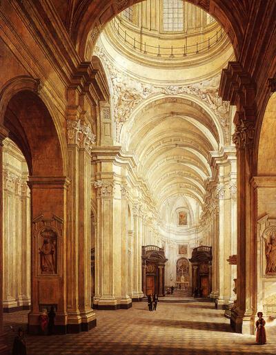 Ange De Baets, Interieur van de Onze-Lieve-Vrouw Sint-Pieterskerk, algemeen gezicht naar het koor, 1836 Onze-Lieve-Vrouw Sint-Pieterskerk, Sint-Pietersabdij