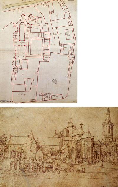 Het Rode Plan, grondplan van de Sint-Pietersabdij, 18de eeuw (situatie 15de eeuw). Rijksarchief Gent.De Sint-Pietersabdij te Gent, getekend vóór 1534  Privé-verzameling 