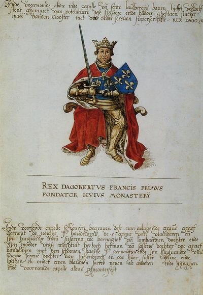 Koning Dagobert I, Stadsarchief Gent. Tekening naar een in de 16de eeuw verdwenen schilderij uit de abdijkerk van Sint-Pieters 