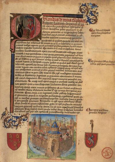 Flavius Blondus, Roma triumphans, gekopieerd in opdracht van abt Filips 1 Conrault, Sint-Pietersabdij, 1Sde eeuw Universiteitsbibliotheek Gent,  hs. 416 