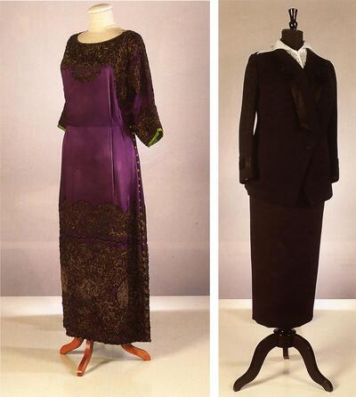 Recht paars zijdesatijnen jurk in Poiret-stijl met gouddraad applicatie, 1910, Recht mantelpak in gabardine met strompelrok, 1912, mode
