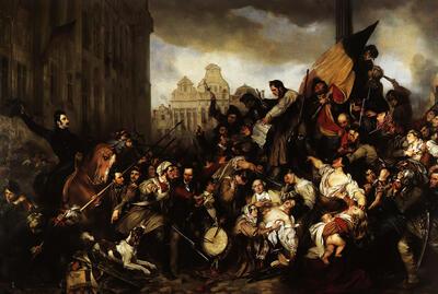 Gustaf Wappers (1803-1874), Een episode uit de Septemberdagen 1830, 1835. Olieverf op doek  444 x 660 cm. Koninklijke Musea voor Schone Kunsten Brussel.