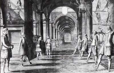 En garde! Schermen verbeeld. Universiteitsbibliotheek K.U. leuven. Ghirard thibault d' Anvers 1628, 'L'académie de l'espée' Foto Sportmuseum Vlaanderen 