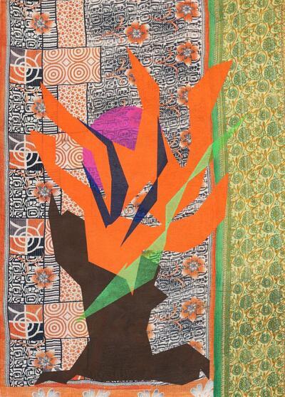 Shezad Dawood, Lion's Foot Dancer,2023. Acrylic on vintage textile hanging, 198x 138 cm. Courtesy of the artist and Jhaveri Contemporary.