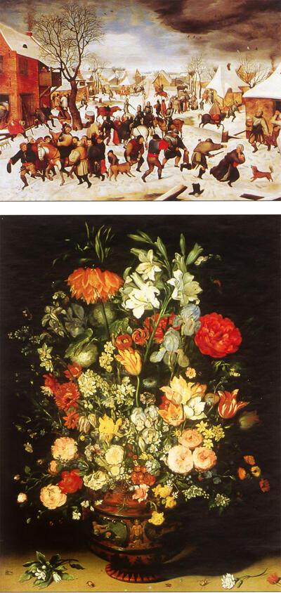 Pieter Breughel de Jonge, De kindermoord te Betlehem, Jan Brueghel de Oude, Bloemen in een vaas 