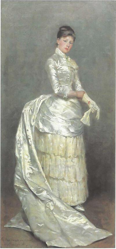 Portret Mevr. Claus in bruidskleed, 1886 olieverf op doek, 44,5 x 21,5 cm, Gift Mevr. Claus 1942. Foto: Museum van Deinze en de Leiestreek