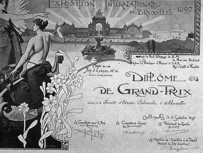 Louis Tilz, 'Exposition Internationale de Bruxelles 1897. Diplôme Commémoratif'. Herinneringsdiploma voor de deelnemers. 