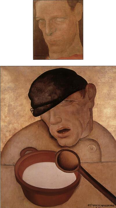 Gustave van de Woestyne, De blinde,± 1914, olie op doek, 28 x 24 (boven) en De papeter, 1911,  olie op doek, 59,5 x 45,5 (onder)