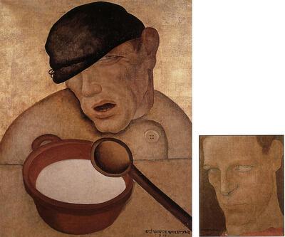 Gustave van de Woestyne, De papeter, 1911, olie op doek, 59,5 x 45,5 (links) en De blinde, ± 1914, olie op doek, 28 x 24 (rechts)