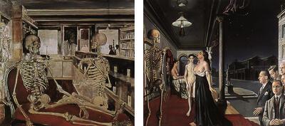  Paul Delvaux. "Les squelettes" ( 1944). Gemengde techniek op paneel. 85 x 90cm. Privé collectie, "Le musée Spitzner" ( 1943). Olieverf op doek, 200 x 240cm. Communauté Française de Belgique, inv.A.P.C.49, in depot in de Koninklijke Musea voor Schone Kunsten van België, Brussel. 