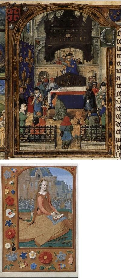 Breviarium Mayer van den Bergh, Sint-Catharina, fol. 611v-612 en mei, fol. 3v.  Museum Mayer van den Bergh, Antwerpen. 