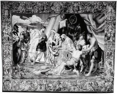 Jan Raes naar Peter Paul Rubens, Decius Mus raadpleegt de Auguren. Brussel, wol en zijde, 4 x 5 m. Antwerpen, Rubenshuis 