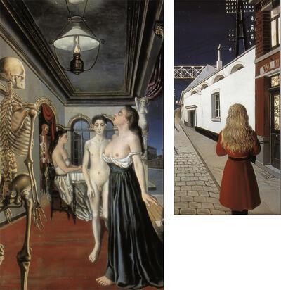 Paul Delvaux. "Solitude" (1955). detail. Collectie van de Belgische Staat, "Le musée Spitzner" (1943). detail.  Communauté Française de Belgique, inv. A.P.C. 49, in depot in de Koninklijke Musea voor Schone Kunsten van België, Brussel. 