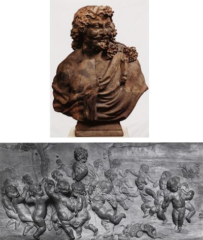 Bacchusbuste, 1640-1650, terracotta, 81 cm. Mechelen, Hof van Busleyden. Pan laat puttini dansen, vóór 1640, terracotta, 33 x 69 cm. Brussel, Koninklijke Musea voor Kunst en Geschiedenis. Lucas Faydherbe