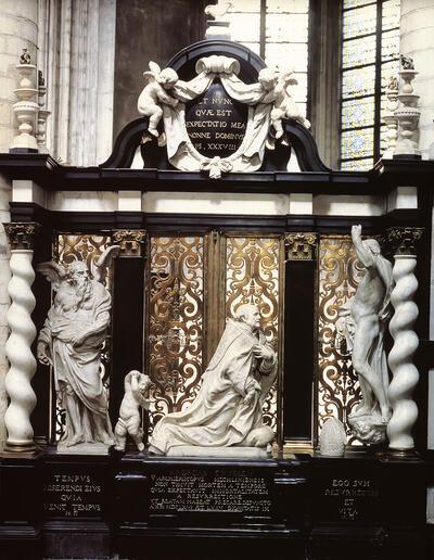 Grafmonument van aartsbisschop Andreas Cruesen, 1659-1666, marmer, toetssteen, Avesnessteen en koper, hoogte ca. 5 m. Mechelen, Sint-Romboutskathedraal. Lucas Faydherbe