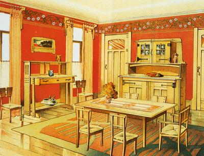 Gustave Serrurier-Bovy, Ontwerp voor een eetkamer, 1904. Kleurplaat gepubliceerd in bijlage bij l'Art Décoratif van november 1904. Arts and crafts