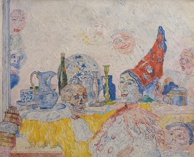 James Ensor, Pierrot en skelet in een gele toga, 1893,  olieverf op paneel, 38 x 48 cm  Collectie Museum voor Schone Kunsten, Gent – Collectie Vlaamse Gemeenschap Beschermd sinds 9 december 2008. Topstukken