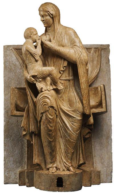 Brioloto de Balneo, Maria Lactans,   ca. 1200-1220, kalksteen, 73 x 45,5 x 35 cm Colectie M Museum Leuven –   Collectie Vlaamse Gemeenschap Beschermd sinds 26 juli 2022. Topstukken