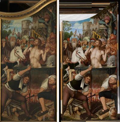 Het zijpaneel met de Heilige Johannes in de olie, voor en na restauratie www.artinﬂanders.be, foto: Rik Klein Gotink. Topstukken
