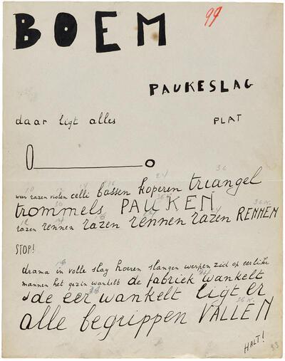 Paul van Ostaijen, Bezette Stad, fol. 99r,   1920-1921, handschrift, inkt op papier,   154 blz., 29,6x 23,6 cm Collectie Letterenhuis, Antwerpen –  Collectie Vlaamse Gemeenschap,  Beschermd sinds 2 maart 2020. Topstukken