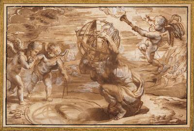 Peter Paul Rubens, Atlas draagt een armillarium  om de schaduw te bestuderen, ca. 1613, pen en  bruine inkt, gewassen met bruine inkt, hoogsels  met witte gouache, 95 x 143 mm  Collectie Museum Plantin-Moretus, Antwerpen –  Collectie Vlaamse Gemeenschap. Beschermd sinds 21 maart 2022. Topstukken