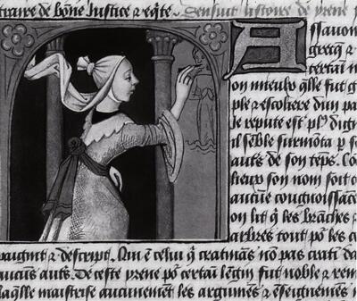 Een schilderes brengt een onderschildering in houtskool aan op een muur. Franse miniatuur uit Bocaccio's Le livre des clères et nobles femmes, 15de eeuw. muurschildering