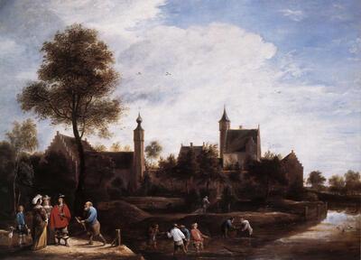 David Teniers de Jonge (1610-1690), Gezicht op de tuinzijde van het Sterckhofkasteel met op de voorgrond de eigenaar Jacob Edelheer en zijn vrouw Isabella van Lemens, ca. 1650.  Sterckshof