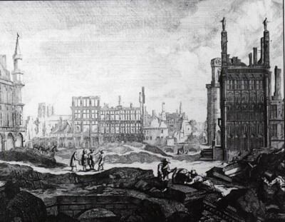 "De Grote Markt van Brussel na het bombardement", gravure van Augstin Coppens. 