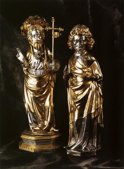 Christus Salvator en de Heilige Johannes de Evangelist, Reliekbeeldjes afkomstig van het reliekschrijn van Onze-Lieve-Vrouw. Tongeren, gebroeders Gufkens en meester Hendrik, 1400. Laat-Gotiek