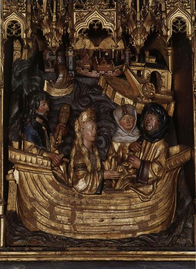De vlucht van Dimpna en Gerebernus en hun aankomst in de haven van Antwerpen Tafereel uit het middendeel van het Sint-Dimpnaretabel van de Sint-Dimpnakerk te Geel. Laat-gotiek