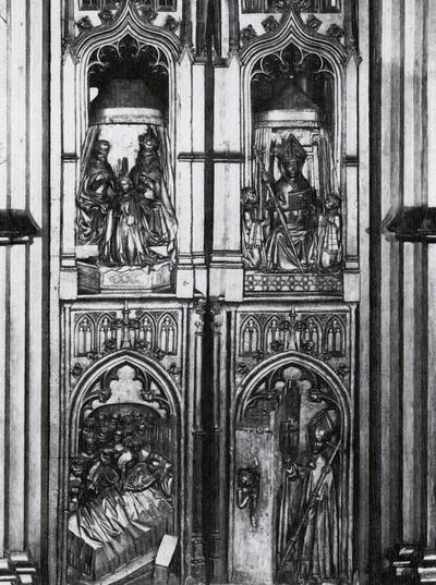 Twee afsluitwangen van het koorgestoelte van de Sint-Sulpitiuskerk van Diest. Laat-gotiek