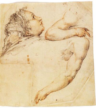 Federico Zuccaro (Sint-Angela in Vado, 1540 of '41 Ancona, 1609), Studie van een vrouwenhoofd en armen. Tekeningen