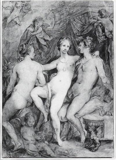 Hendrick Goltzius (Mühlbracht, 1558 - Haarlem, 1617), Venus tussen Ceres en Bacchus, Tekeningen