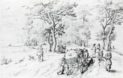 Jan Breughel I de Oude (Brussel, 1568 - Antwerpen, 1625), Reiswagen op een landweg. Tekeningen
