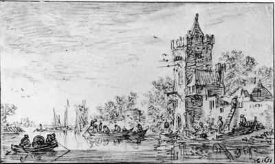 Jan van Goyen (Leiden, 1596 - Den Haag, 1656) Riviergezicht met vierhoekige toren, tekening