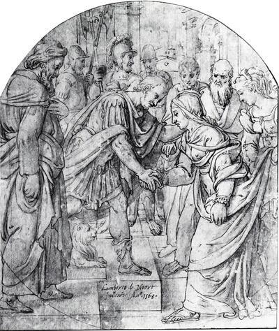 Lambert van Noort (Amersfoort, ca. 1520 -Antwerpen, 1570), Salomon en de koningin van Saba, Tekeningen