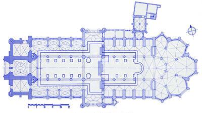 Het grondplan met aanduiding van de bouwfasen. Sint-Baafskathedraal