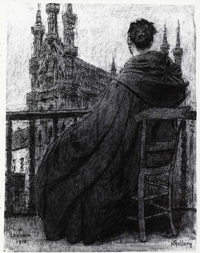 Xavier Mellery (1845-1921), Volksvrouw kijkend naar het Leuvense stadhuis, Museum M