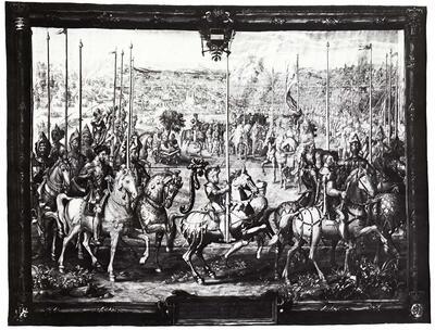 Judocus de Vos naar Jan Cornelisz. Vermeyen (1500-1559), Wandtapijt met de voorstelling van Karel V die zijn troepen schouwt nabij Barcelona voor de inscheping naar Tunis. Habsburg